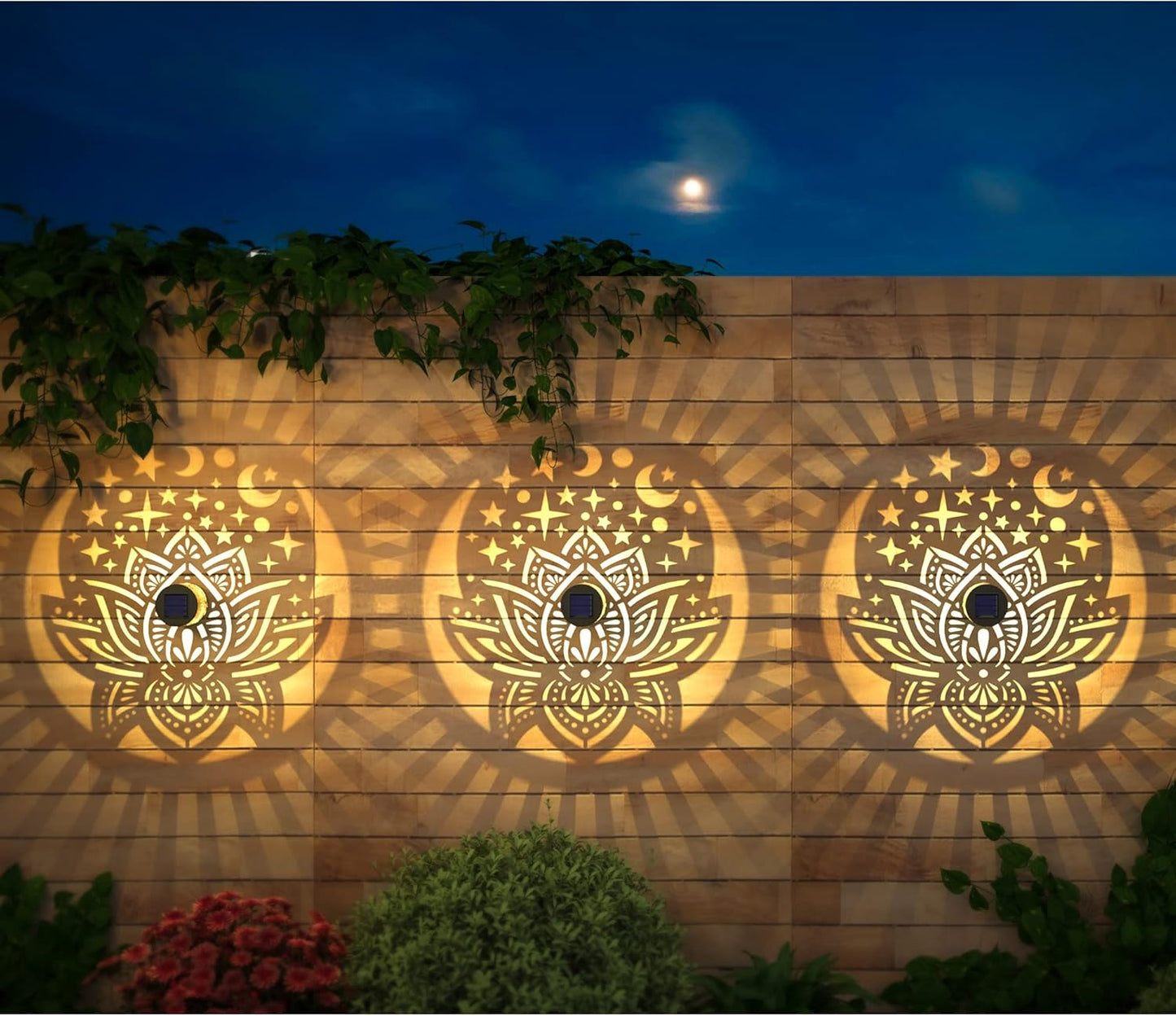 2 Pack Solar Fence Lights Metal Solar Powered Outdoor Wall Deck Lights Lotus Theme Waterproof Fence Light for Garden Post Patio Backyard Yard Decor (Lotus, 2 Pack)