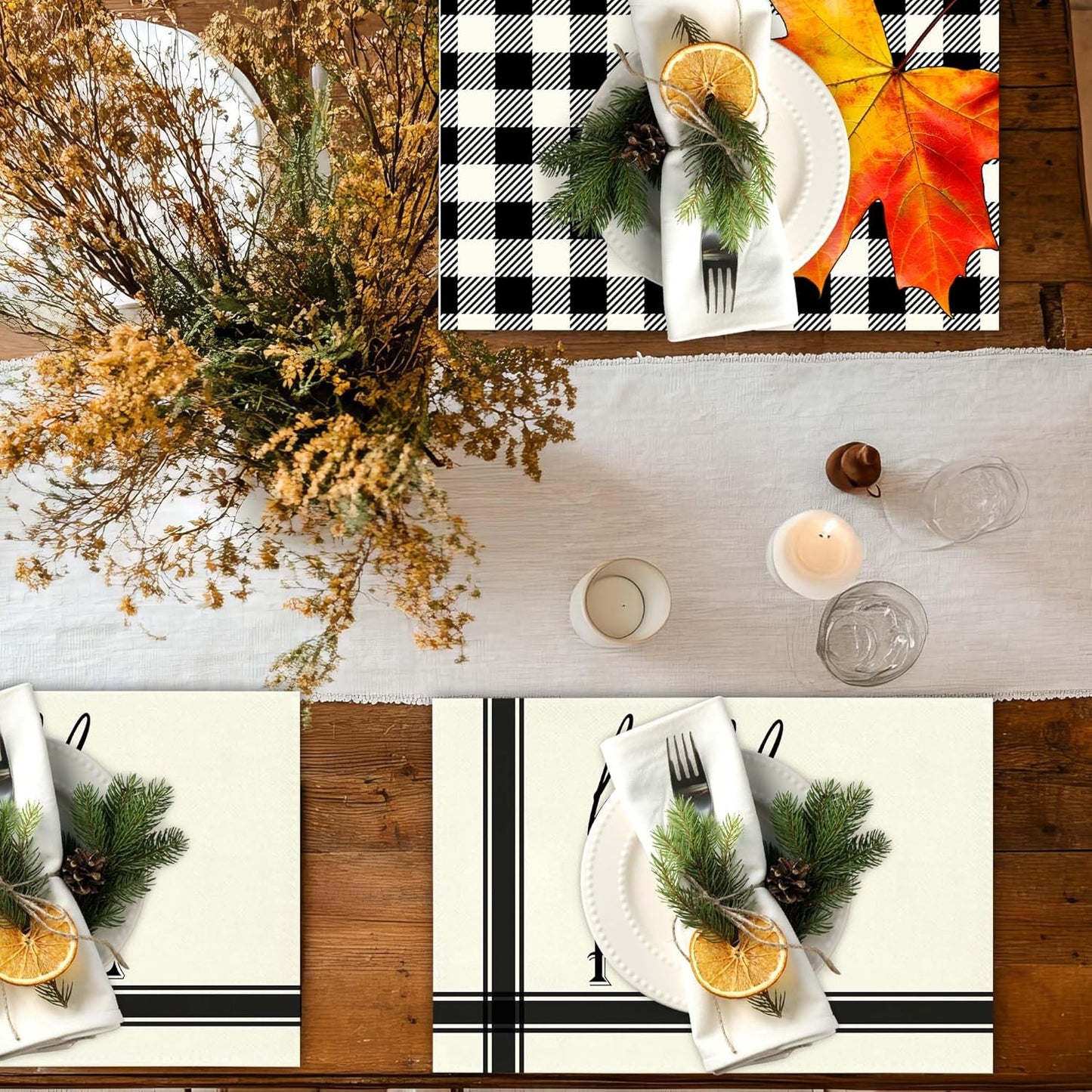 Hello Fall Placemats Set of 4, 12x18 Inch Maple Leaves Buffalo Plaid Table Mats, Washable Heat Resistant Place Mats for Kitchen Dining Table, Autumn Home Farmhouse Decor-B01