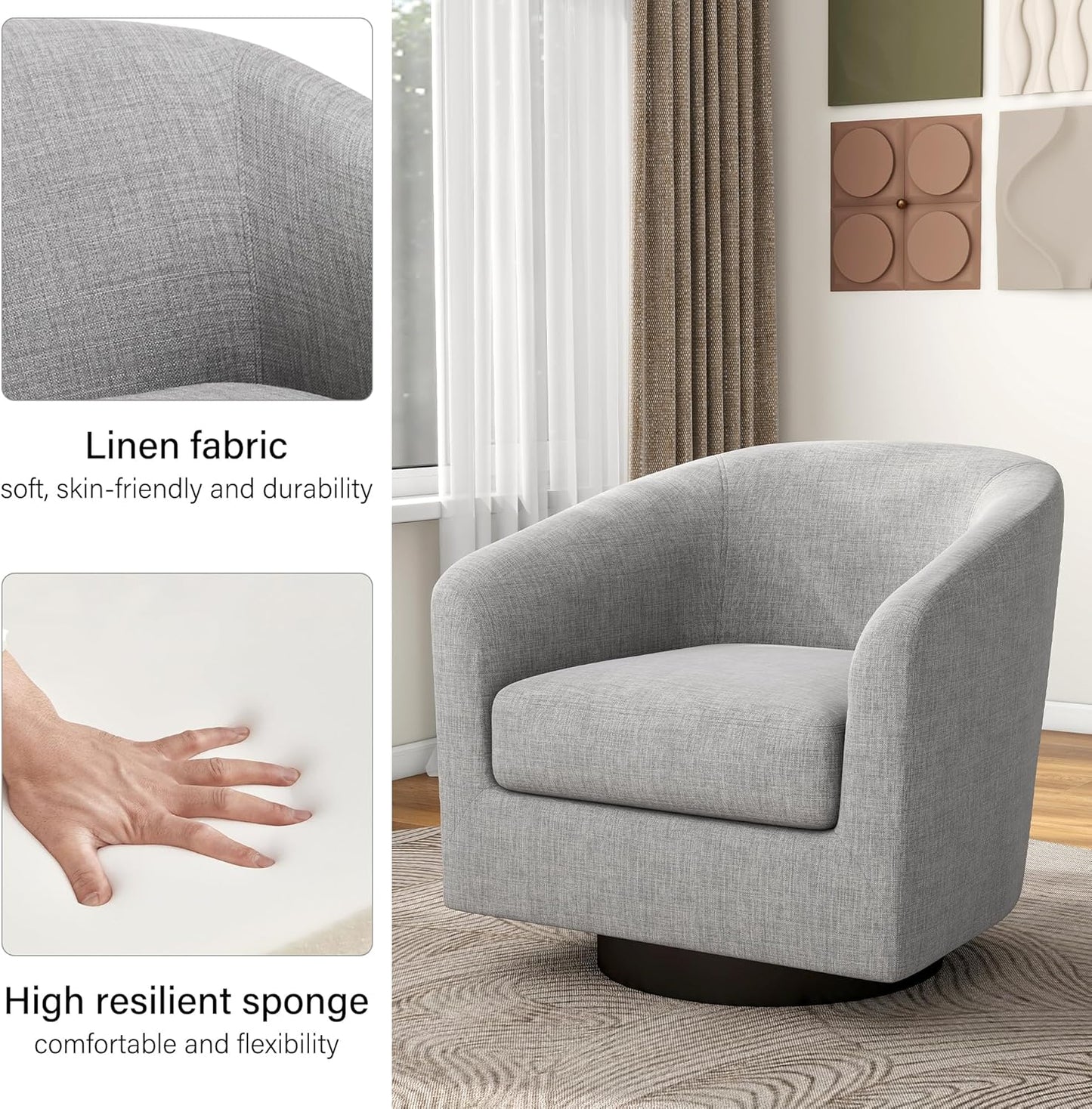 Swivel Barrel Accent Chair, Modern Round Linen Arm Chair for Living Room, Bedroom, Comfy Club Reading Chairs for Adults（Linen Fabric, Light Grey, Set of 4