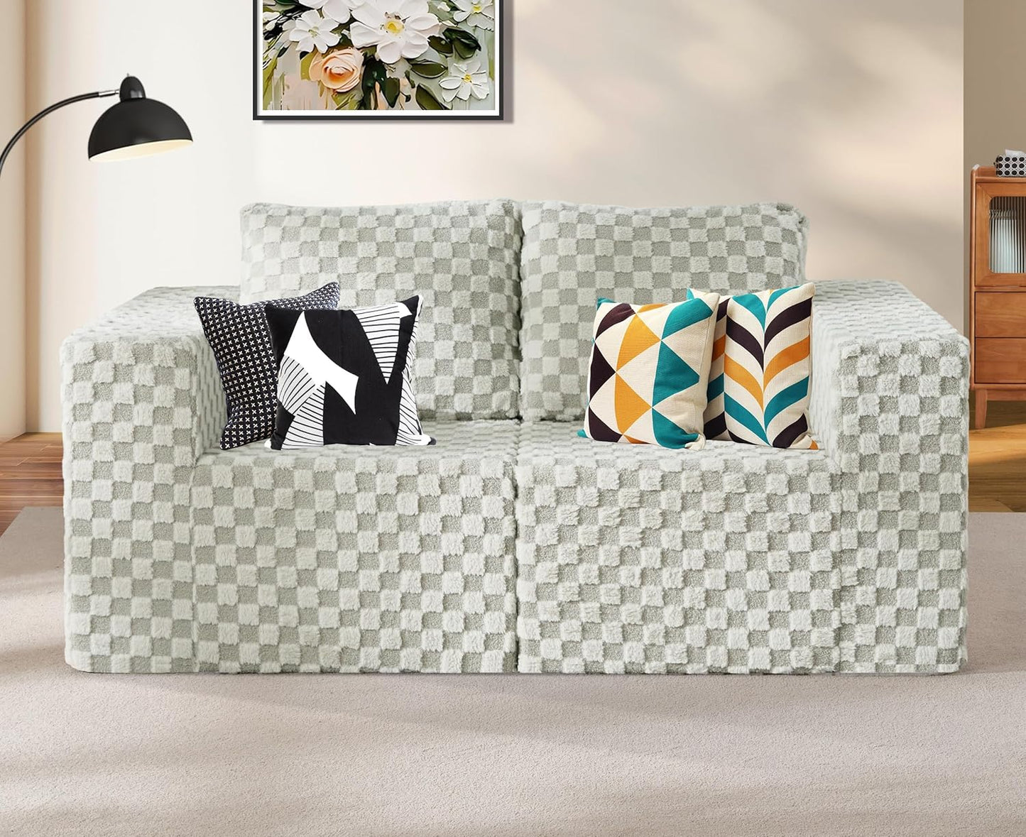 Modular Sectional Sofa 2 Seater Loveseat Modular Couch with Deep Seat Memory Foam Cloud Sofa Chair with Pillows Oversized Sectional Sofa for Living Room Bedroom (Plush GREYOLIVE, Loveseat)