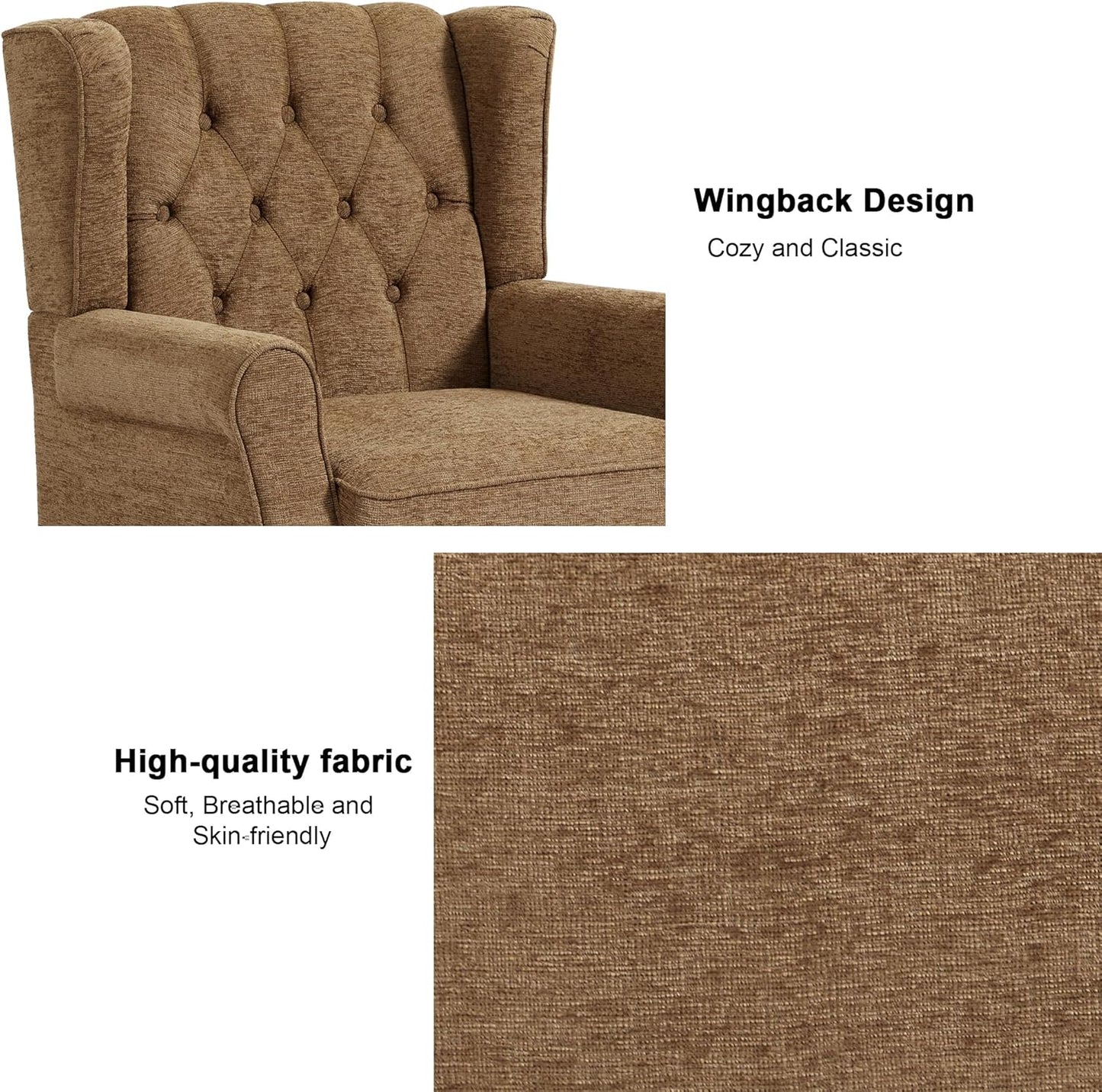 Accent Chair, Upholstered Armchair with Button Tufted High Back & Solid Wood Legs, Comfy Wingback Reading Single Sofa Chair for Small Spaces, Living Room, Bedroom (Brown, Set of 2)