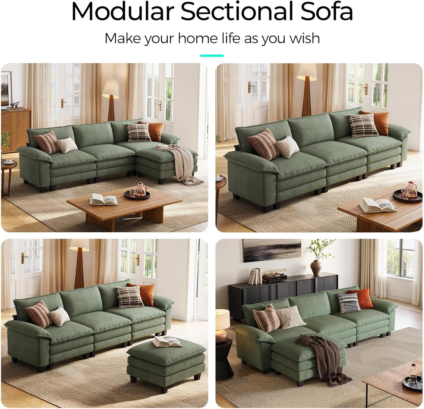 LINSY HOME Modular Sectional Sofa - 123'' Oversized Corduroy Cloud Couch L Shaped Couch with Movable Ottoman Soft Modern Comfy Sofa for Living Room Apartment Office, Green