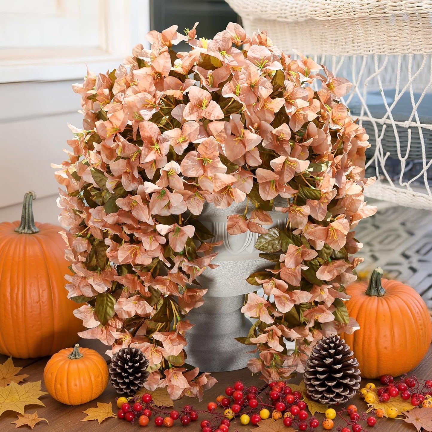 Bougainvillea Artificial Flowers Plants for Outdoors Outside Fall Autumn Decoration, 2 pcs Faux Silk Long Trailing Vines UV Resistant Look Real Brown Fake Flowers for Front Door Porch Planter Urn Yard