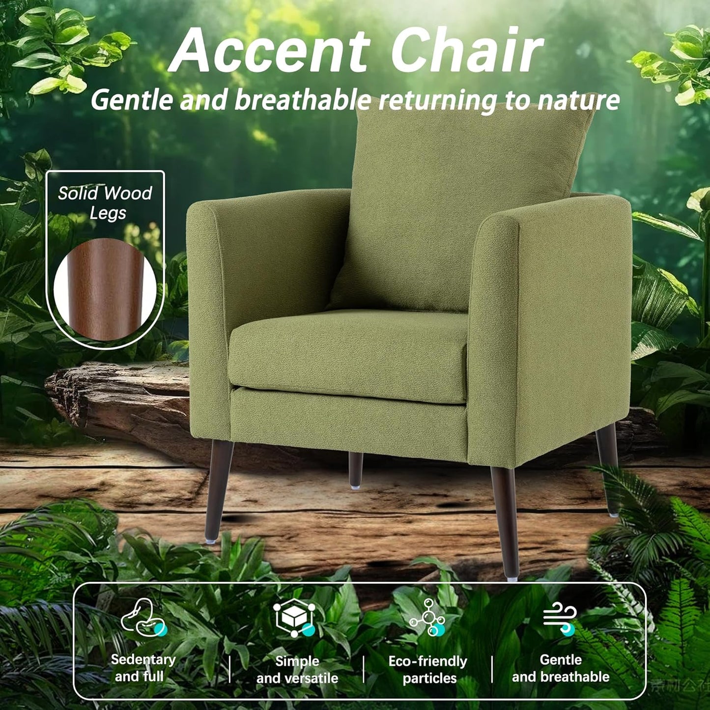 Barrel Accent Chair with Back Pillow, Large Upholstered Armchair with Solid Wood Legs Modern Reading Chairs for Living Room Bedroom