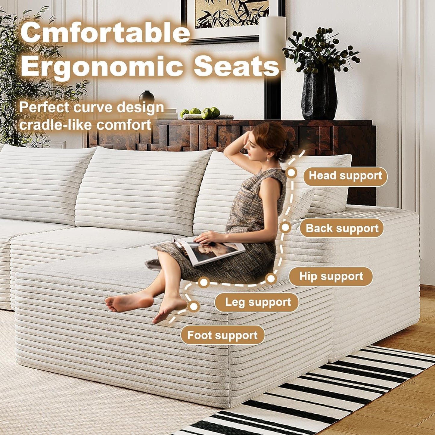 136" Sectional Couches for Living Room Modern Modular Sofa with L-Shape Couchs Upholstered Boneless Couch Deep Seat Sectional Couch with Chaise (White, Right Facing Chaise+3Seaters+Ottoman)