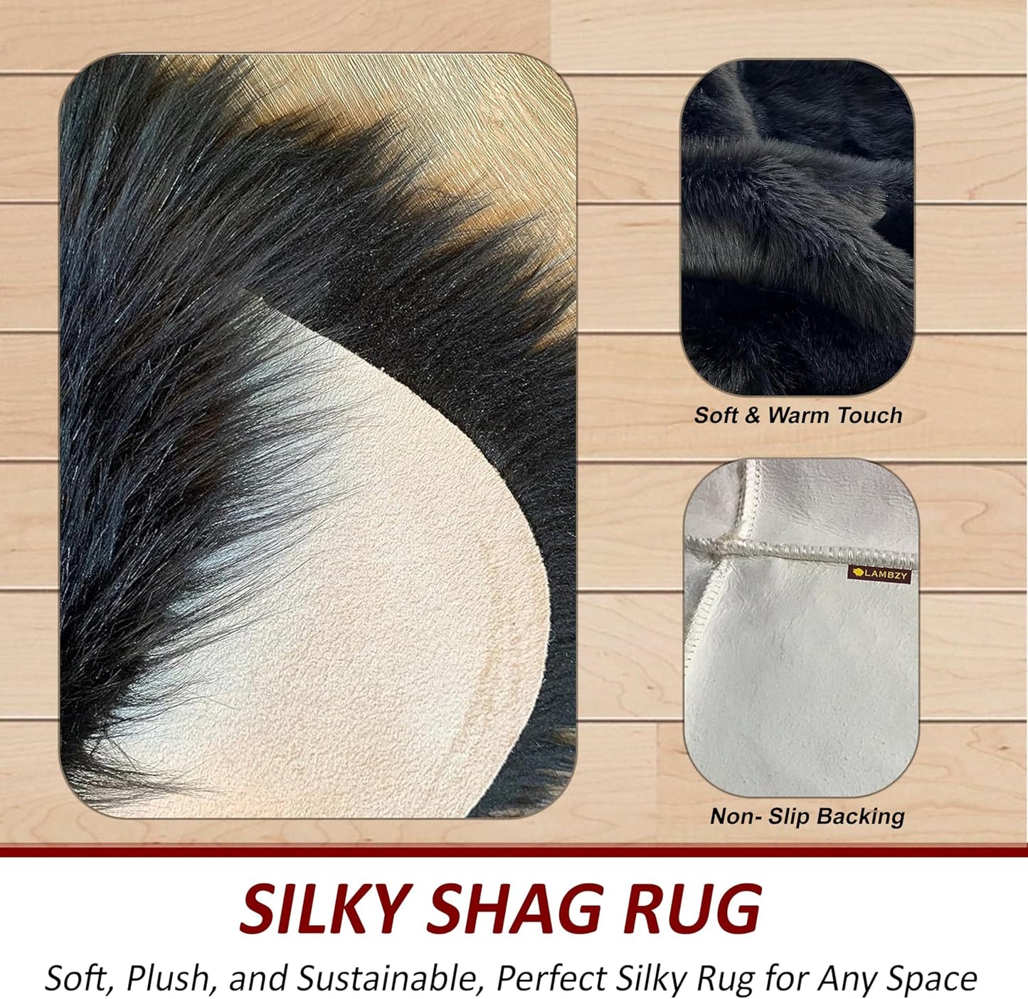 LAMBZY Faux Sheepskin Hypoallergenic Free Shape Silky Shag Rug, Luxury Shaggy Plush Carpet for Bedrooms Living Room Kids Rooms Sofa Floor Rugs (Duo Decto 12 Pelts 6'x12', Black)