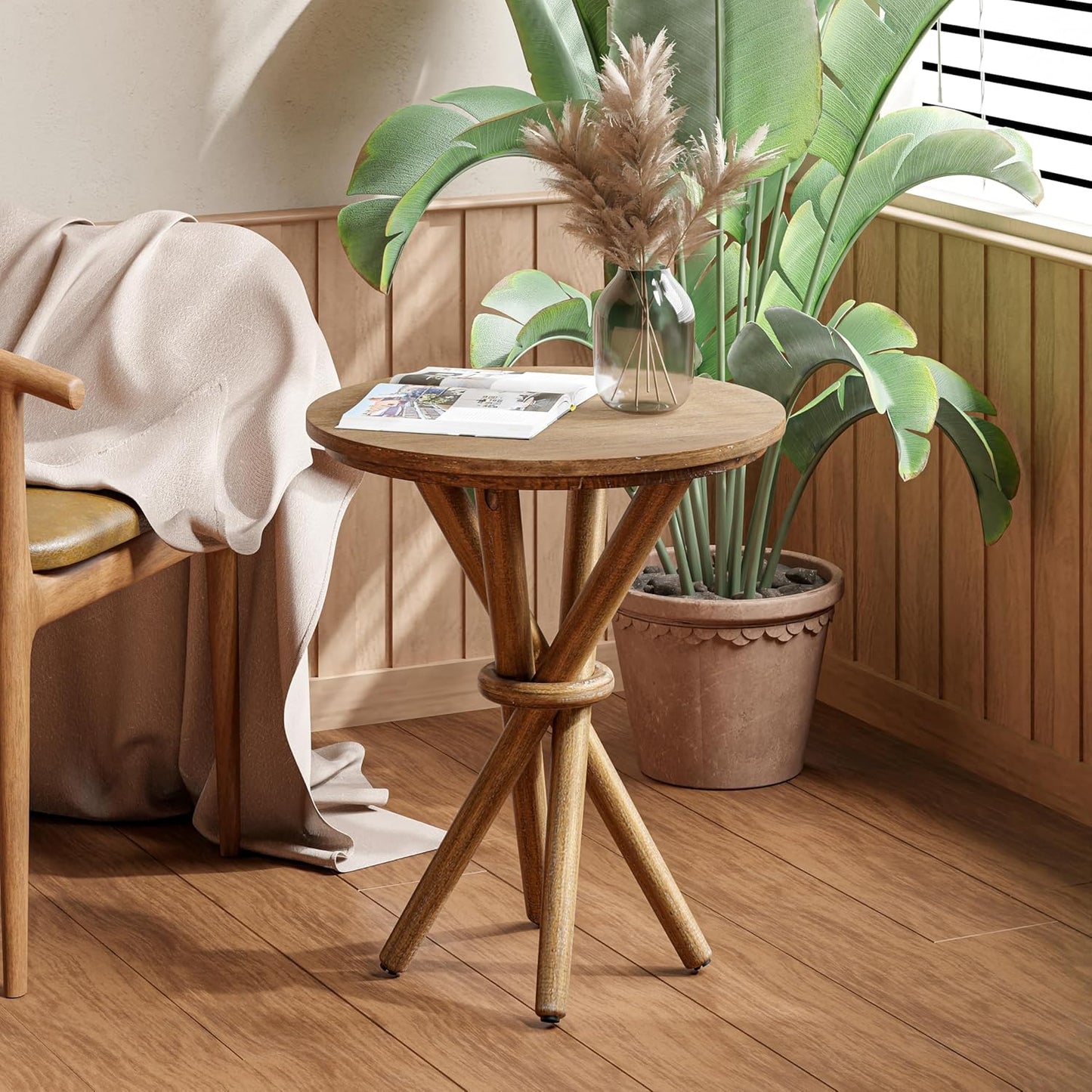 Round Wood End Table Farmhouse Wooden Side Table Rustic Plant Stand with Bundled Legs for Living Room, Office, Walnut