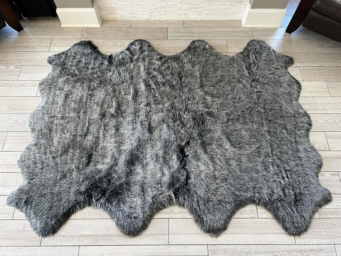 LAMBZY Faux Sheepskin Super Soft Hypoallergenic Free Shape Silky Shag Rug, Luxury Shaggy Silky Plush Carpet for Bedrooms Living Kids Room Sofa Rugs (Black with White Tips, Octo 8 Pelts 6'x8')