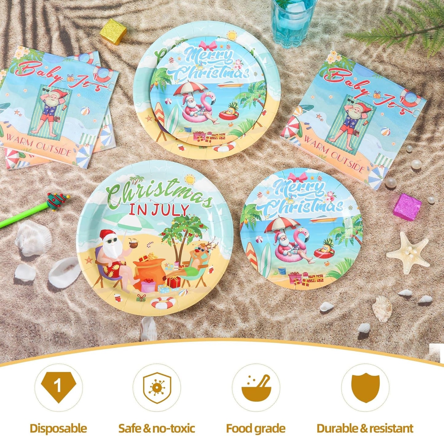150Pcs Christmas in July Party Decorations Plates Napkins Summer Tropical Hawaiian Christmas Santa Beach Paper Plates for Christmas in July Beach Pool Party Supplies,Serves 50