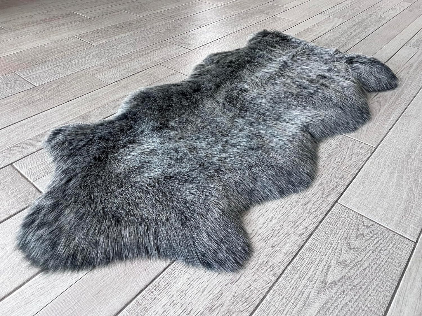 LAMBZY Faux Sheepskin Super Soft Hypoallergenic Free Shape Silky Shag Rug, Luxury Shaggy Plush Carpet for Bedroom Living Kids Room Sofa Rugs (Black with White Tips, Single and a Half 2'x4')