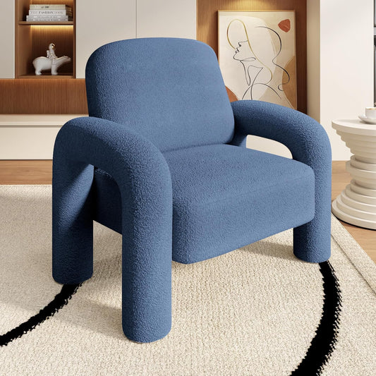 Modern Sherpa Accent Chair, Teddy Upholstered Arm Single Sofa, Cozy Fluffy Reading Chair for Living Room, Bedrooms, Corner (Navy Blue)