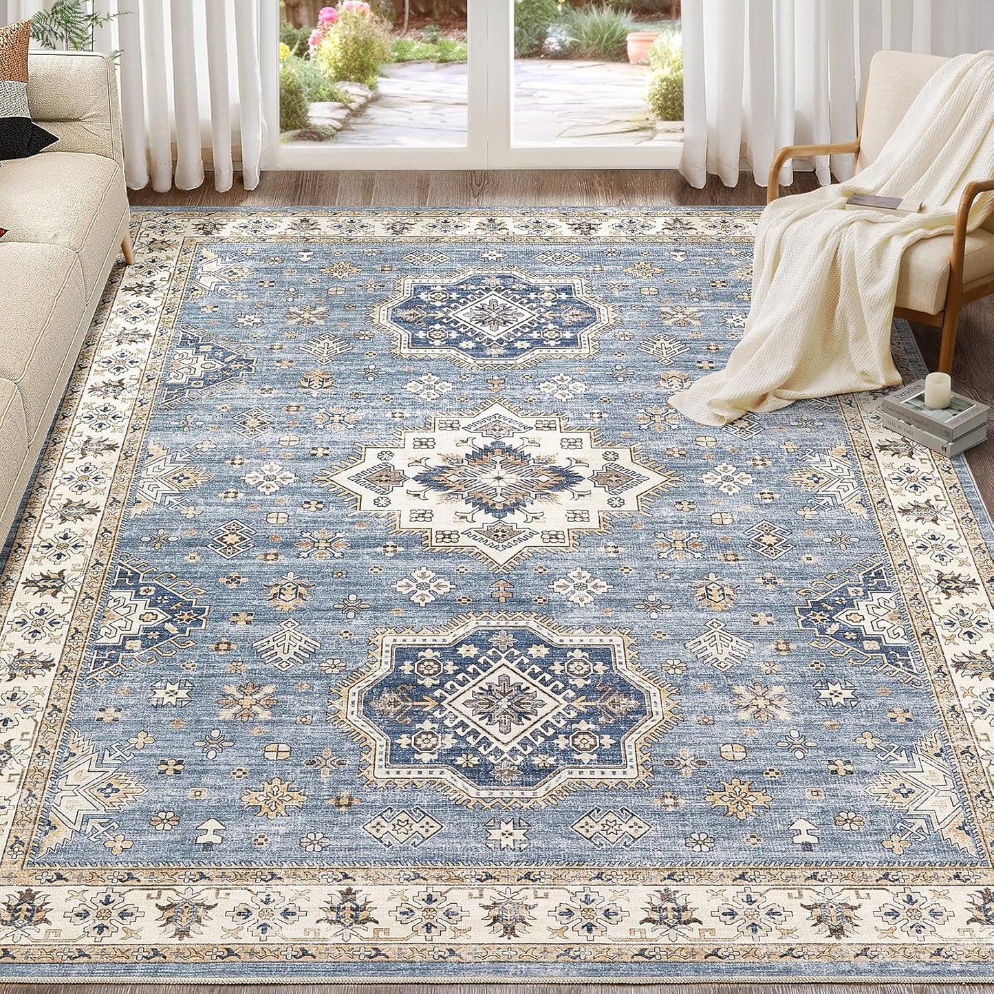 Washable Area Rugs for Living Room -10x13 Neutral Vintage Distressed Floral Farmhouse Boho Large Soft Floor Rug Indoor Non Slip Carpet for Living Room Bedroom Dining Room Office - Blue