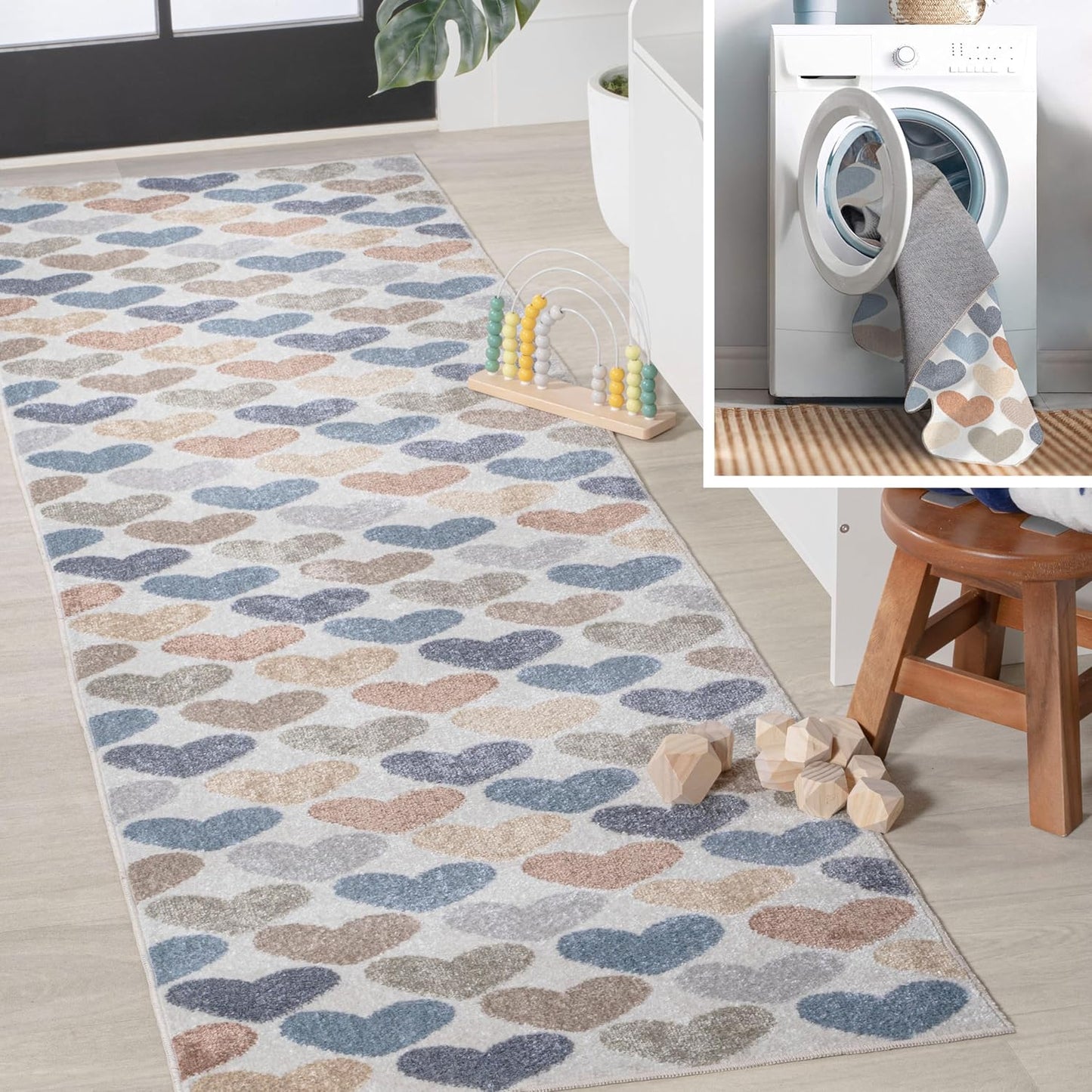 JONATHAN Y Machine-Washable Ivory/Blue/Orange Runner Rug, 2x8, Dila Modern Hearts Geometric, Kids & Novelty, Vintage, Bedroom, Kitchen, Living Room, Easy-Cleaning, Non-Shedding (KDW101A-28)