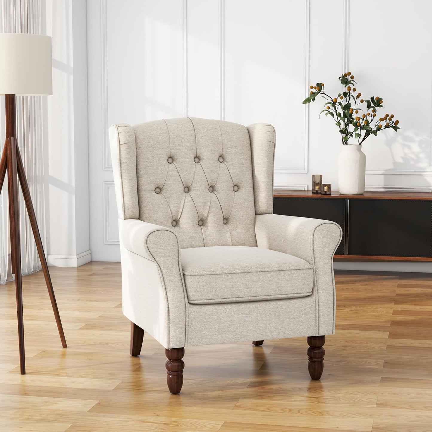 UIXE High Back Accent Chair, Upholstered Armchair in Fabric for Living Room, Retro Wingback Arm Chair Comfy Single Sofa Bedroom Reading Seat with Solid Wood Legs - Beige