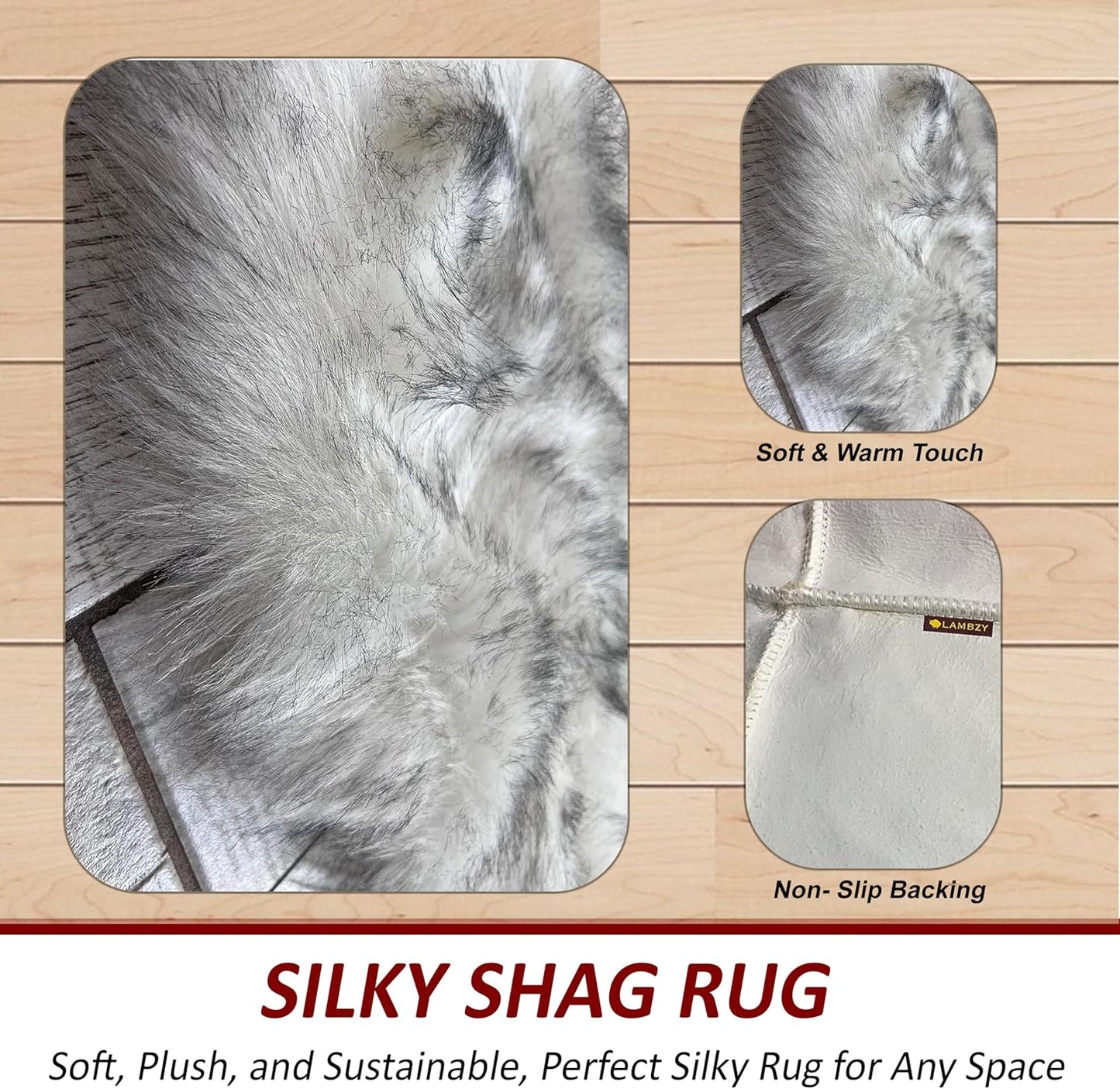 LAMBZY Faux Sheepskin Hypoallergenic Free Shape Silky Shag Rug, Luxury Shaggy Plush Carpet for Bedrooms Living Rooms Sofa Floor Rugs (Octo 8 Pelts 6'x8', White with Black Tips)