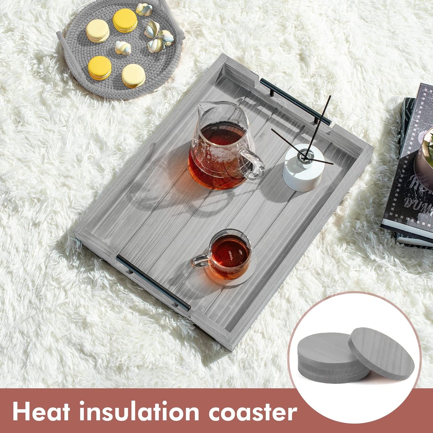 Ottoman Tray | Coffee Table Tray Decorative, Serving Tray with Handles - 17x13 Inch Wood Tray for Coffee Table Tray - with 4 Wooden Coasters -Tray for Ottoman, Breakfast