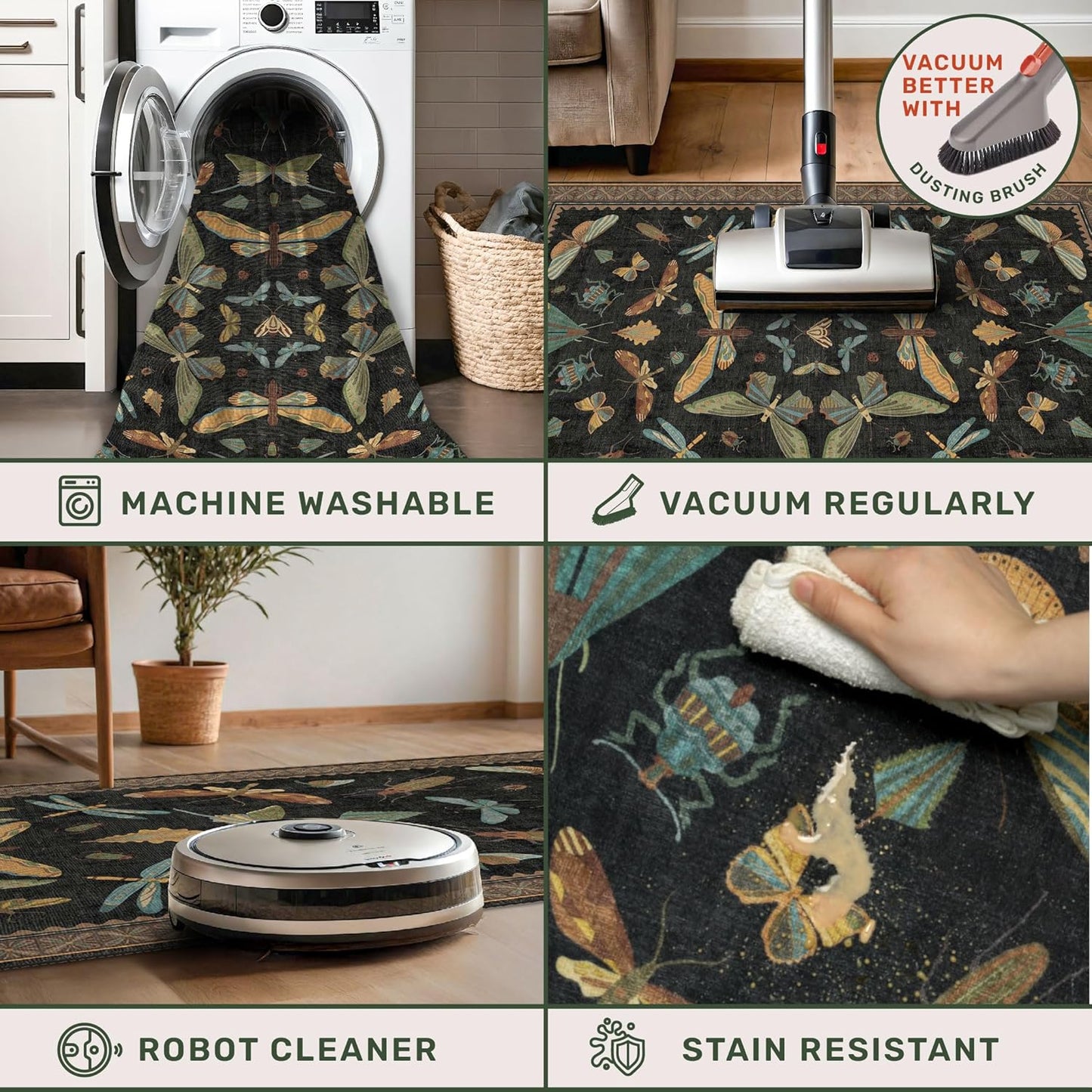 Washable 5x7 Black Rug for Living Room - Foyer Rugs for Entryway, Bedroom, Home Office, Gothic Witchy Insect Bug Floral Retro Indoor Décor