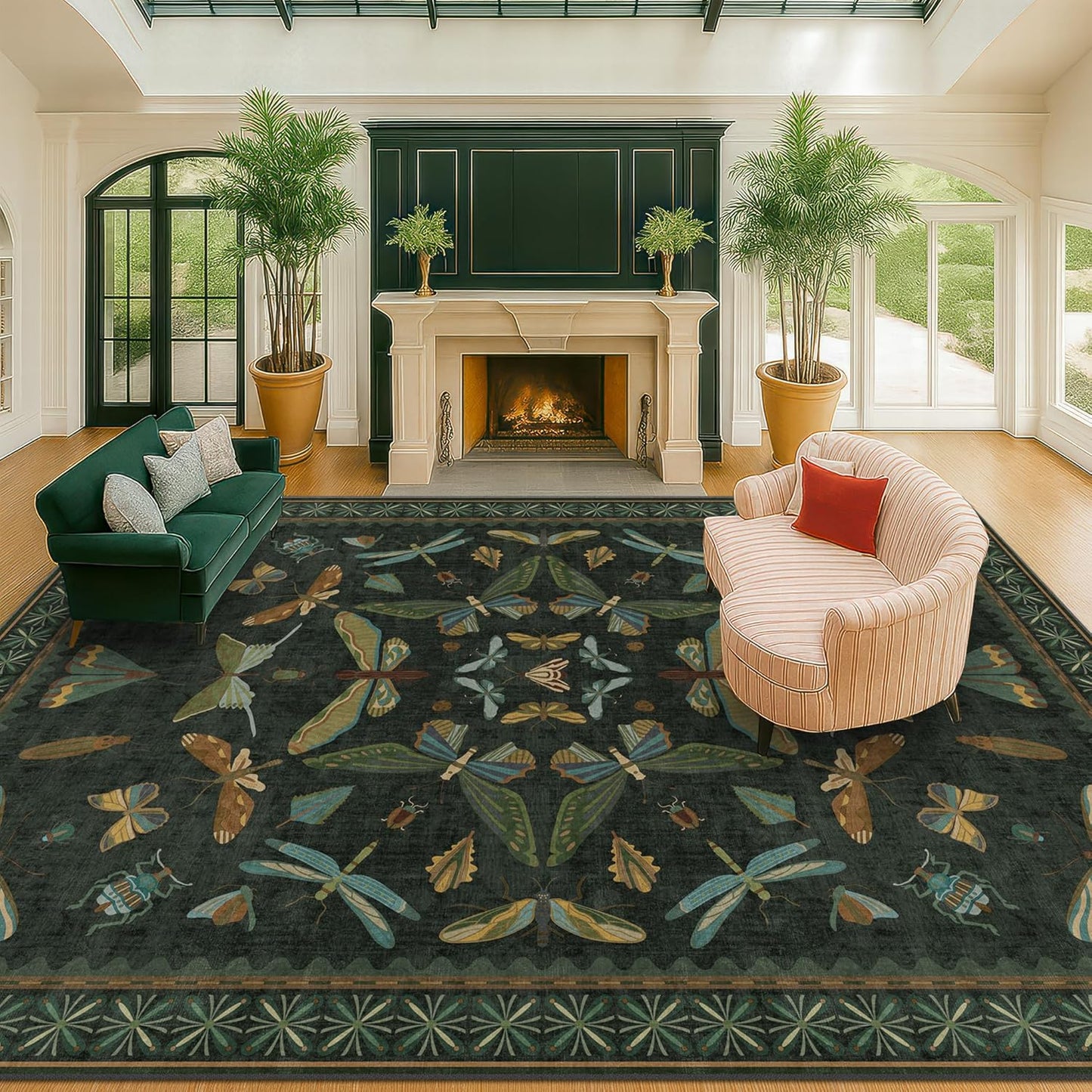 Green Living Room Rug - Vintage Washable Dark Green 10x14 Rug for Dining Room Under Table, Bedroom, Insect Moth Floral Design, Non-Slip Soft Low Pile