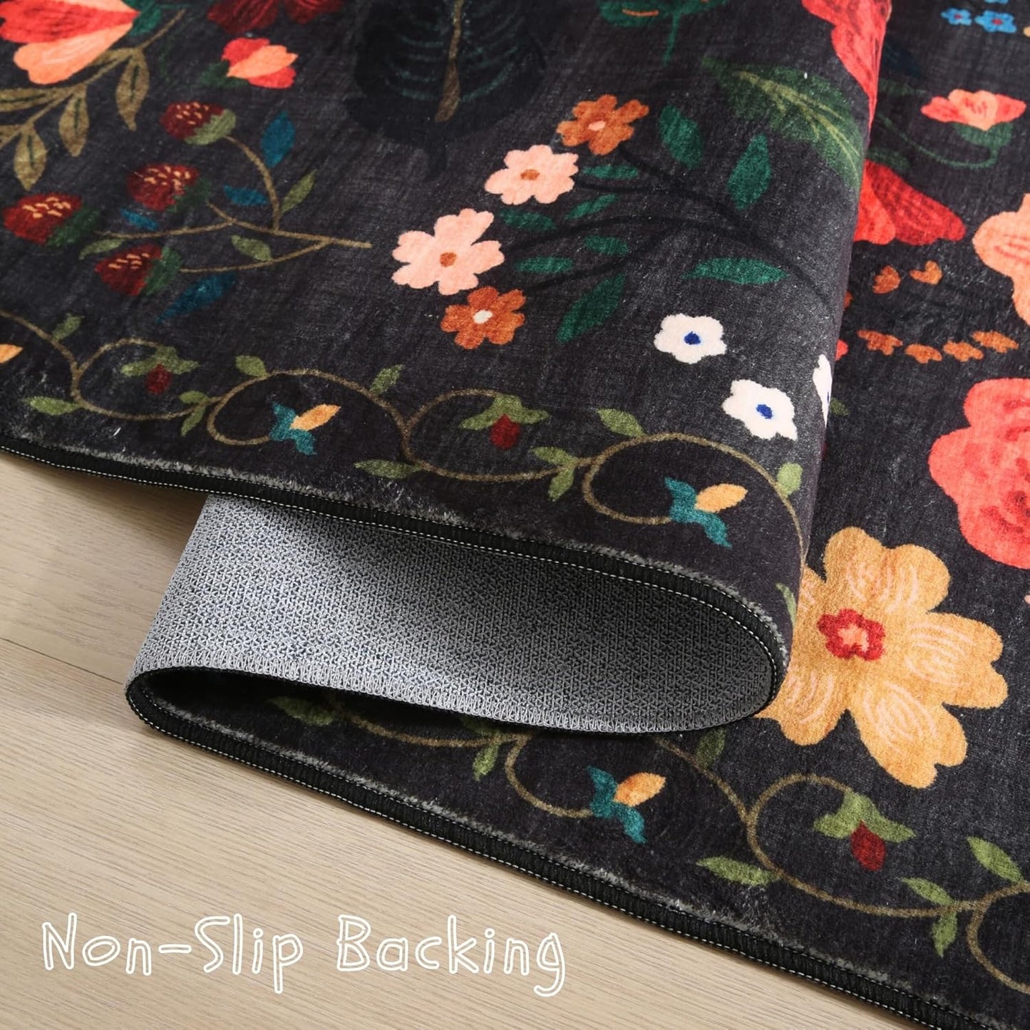 Living Room Rug 6x9 Rug Machine Washable Boho Area Rug Non Slip Floral Vintage Low Pile Large Rug for Living Room, Bedroom, Farmhouse, Dining Room, Kids Playroom(Black)
