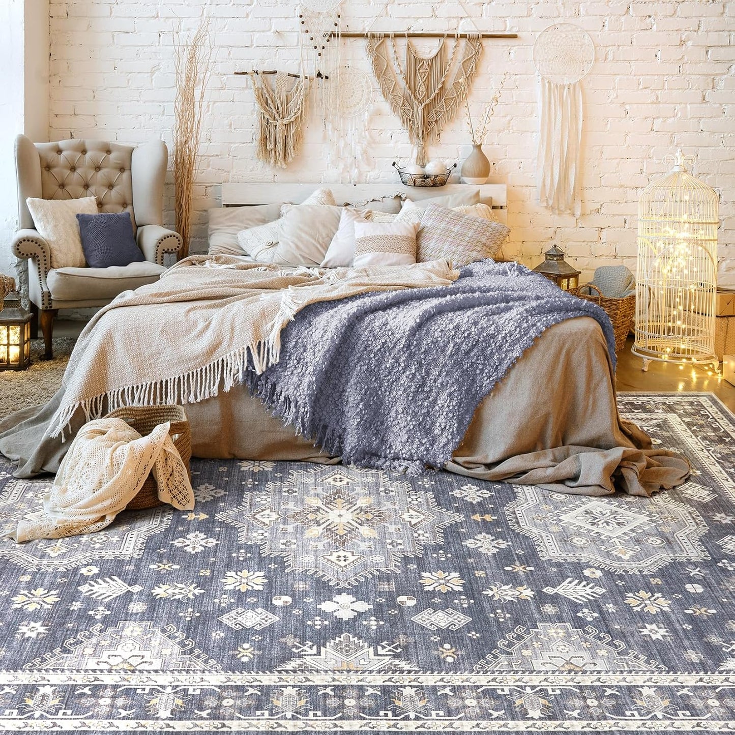 Washable Area Rugs for Living Room - 7x9 Neutral Vintage Distressed Floral Farmhouse Boho Large Soft Floor Rug Indoor Non Slip Carpet for Living Room Bedroom Dining Room Office - Denim Blue/Grey