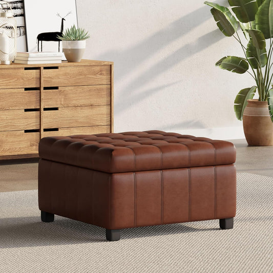 Christopher Knight Home Faux Leather Storage Ottoman Square Ottoman End of Bed Ottoman Cube for Bedroom Entryway Foot Rest Stool with Hinged Lid 30.25" x 30.25" x 18", Brown