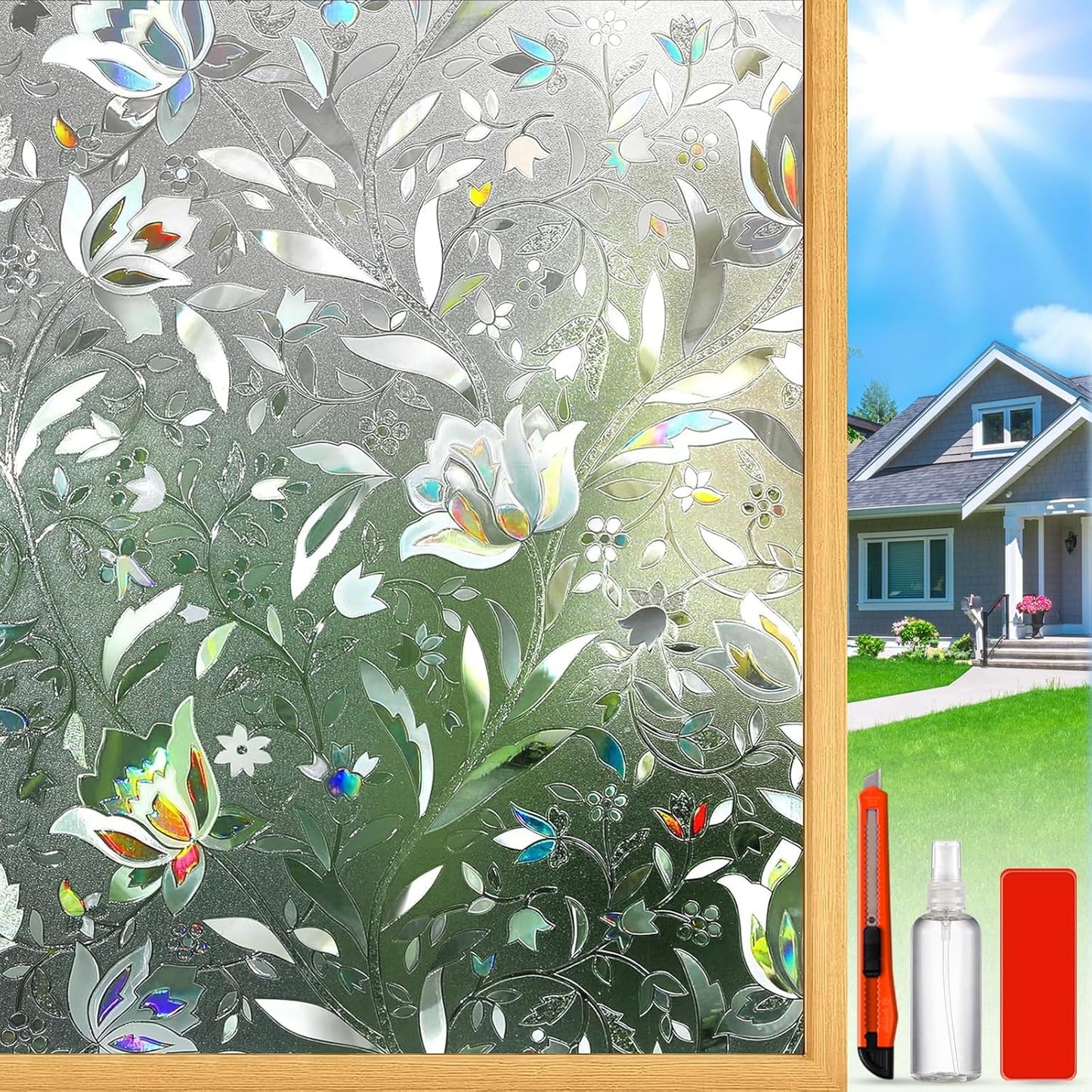 Rainbow Window Privacy Film Decorative, Stained Glass Window Tint for Home, 3D Decals Window Clings for Glass Windows, Static Cling Window Sticker, Suncatcher Window Cover,29.5" by 78.74"