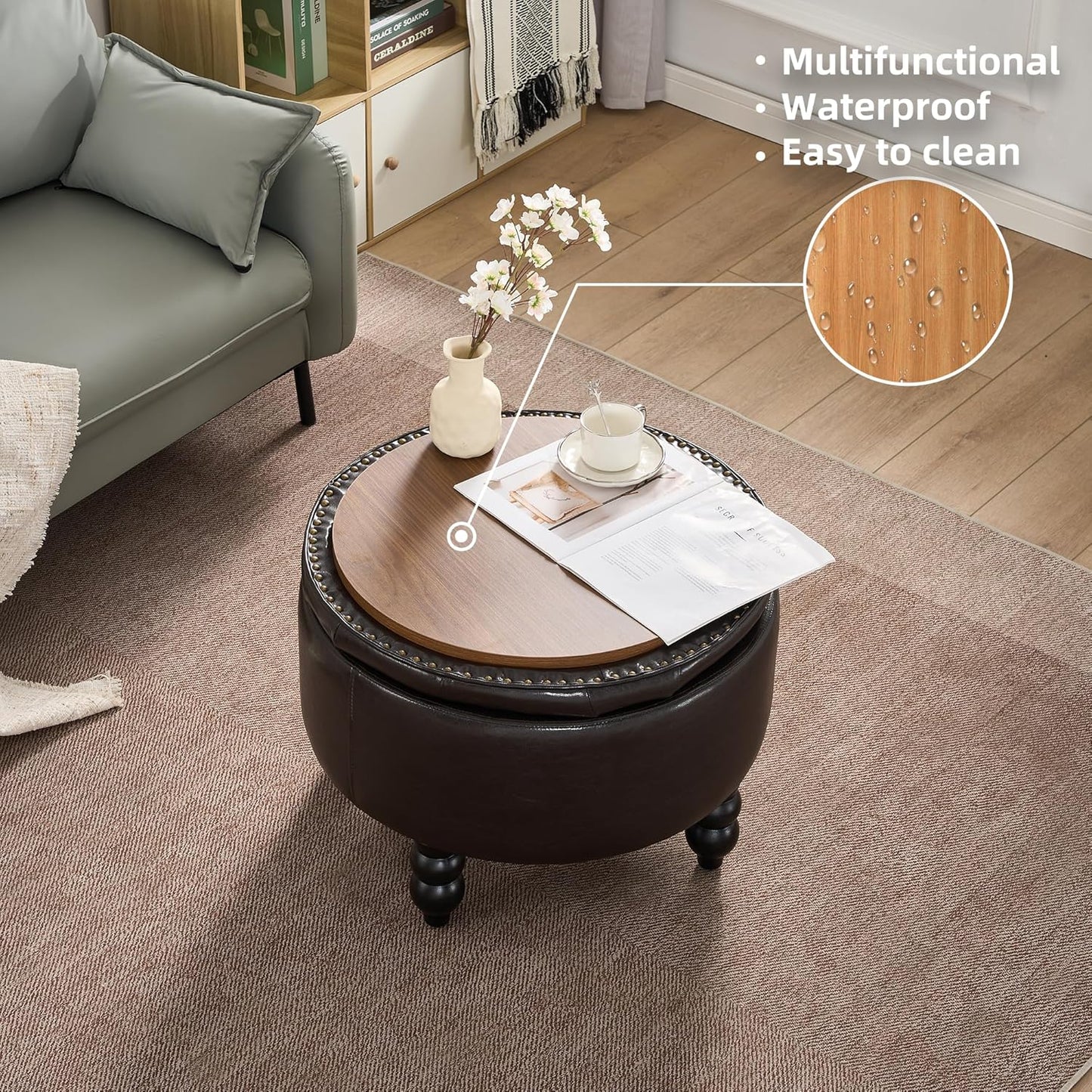 PU Leather Round Ottoman with Storage, Upholstered Tufted Storage Footstool, Modern Wooden Coffee Table for Living Room, Bedroom, Dark Brown(PU)