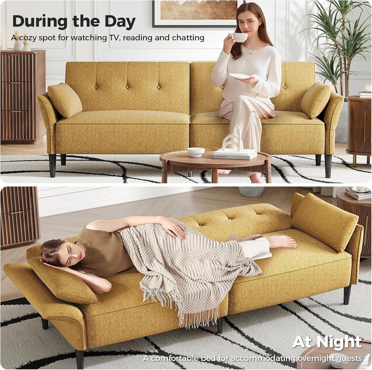 89” Futon Sofa Bed, Linen Comfy Futon Couch Bed with 2 Square Pillows, Convertible Sleeper Sofa with Adjustable Backrest& Armrests, Modern Loveseat Sleeper for Living Room, Bedroom, Yellow