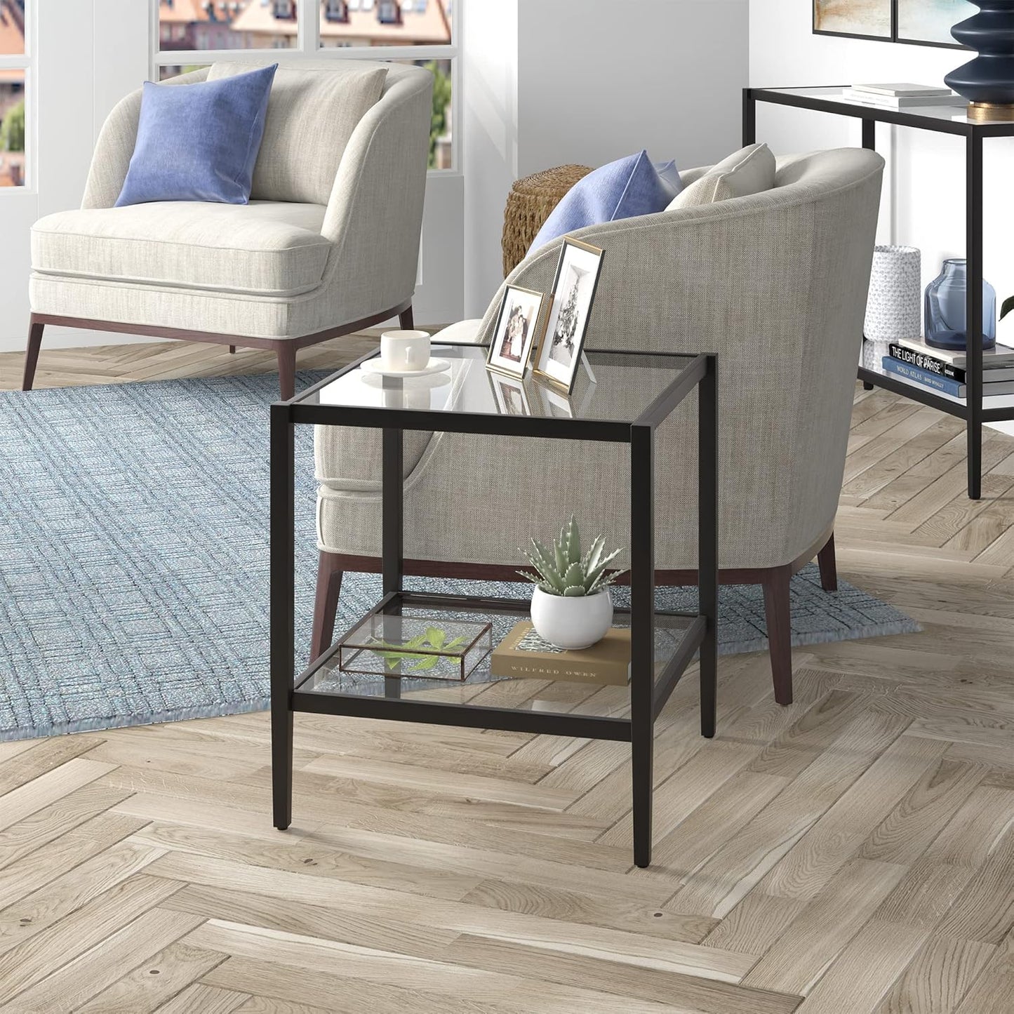 Henn&Hart 20" Wide Square Side Table with Glass Shelf in Blackened Bronze, Table for Living Room, Bedroom