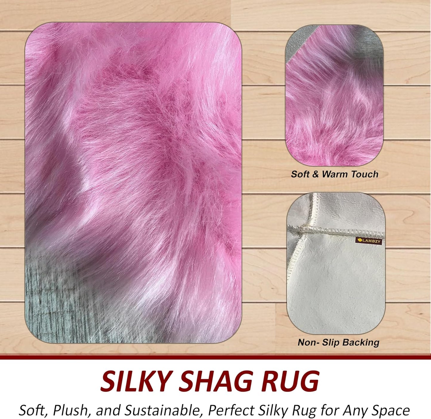 LAMBZY Faux Sheepskin Super Soft Hypoallergenic Free Shape Silky Shag Rug, Luxury Shaggy Plush Carpet for Bedrooms Living Kids Room Sofa Rugs (Pink, Double 2'x6')