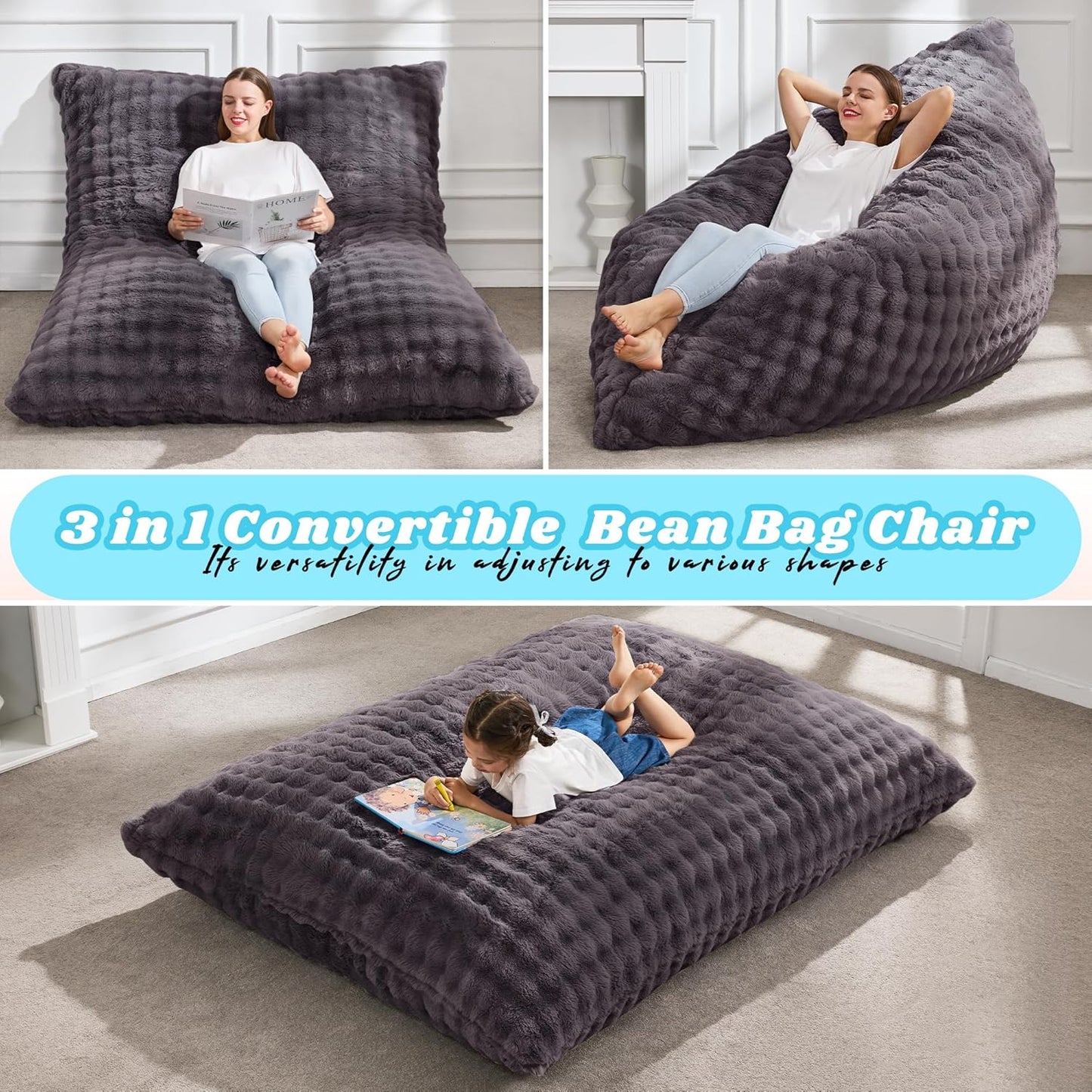 Hobestluk 3 in 1 Bean Bag Chair Giant Bean Bag Chairs for Adults with Bubble Cover Convertible Bean Bag Floor Cushion with Machine Washable Cover for Living Room (Bubble Dark Grey)