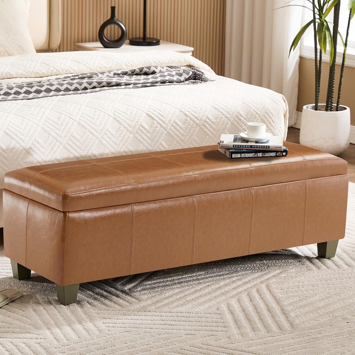 51" Faux Leather Storage Ottoman, Stitch Tufted Rectangle Upholstered End of Bed Storage Bench, Entryway Large Couch Ottoman with Wooden Legs, Light Brown