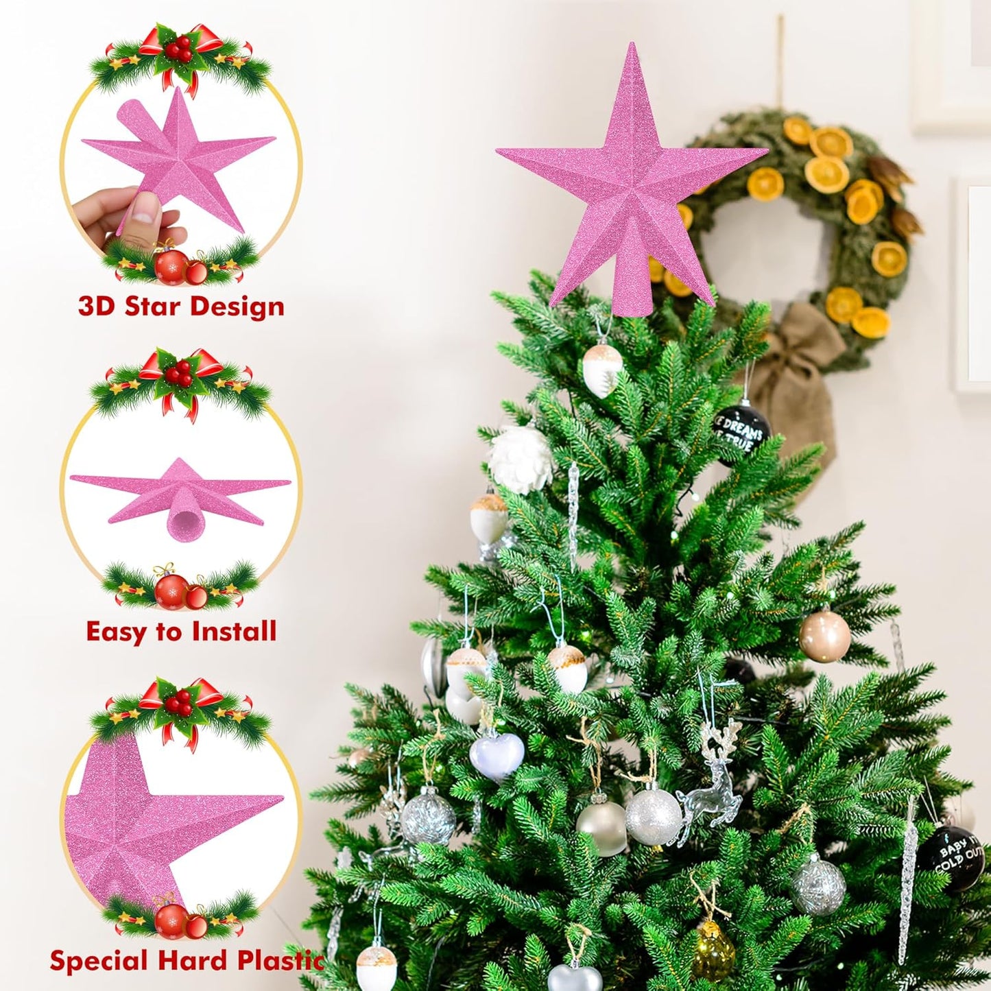 1PCS Christmas Tree Star Topper, 4" 3D Pink Xmas Tree Topper Decorations, Glitter Shatterproof Mini Bethlehem Star Tree Decor, Waterproof Star Tree Topper for Christmas Holiday Indoor Ornament