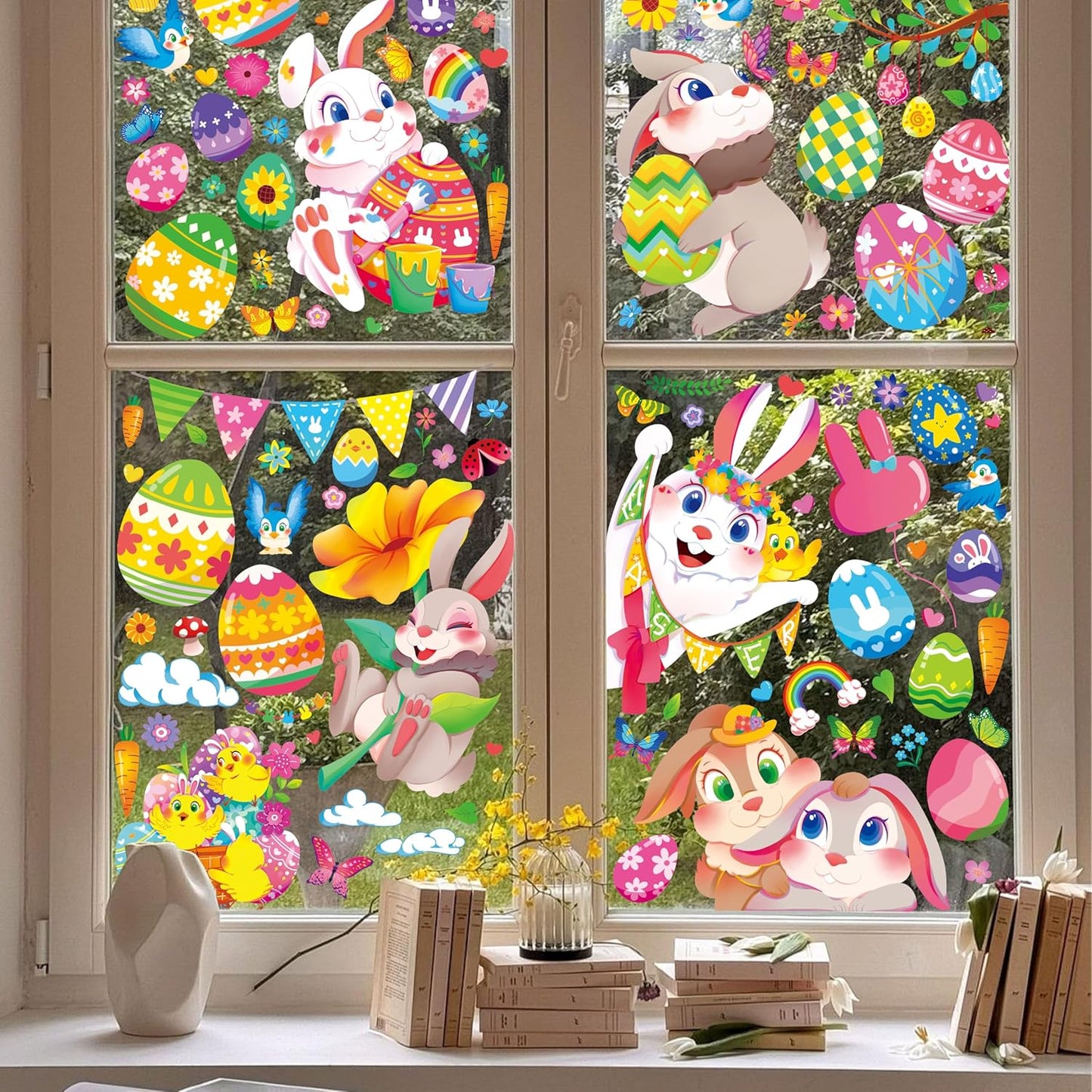 Large Easter Window Clings - Bunny Window Stickers Decals for Glass Windows, Cute Easter Egg Double Sided Reusable Window Holiday Decorations, Bird Office Spring Patry Decor, 9Sheet/121PCS