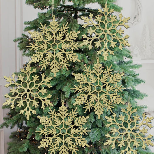 12pcs Large Christmas Snowflakes Decorations, 12" Big Plastic Glitter Gold Snowflake Ornaments for Winter Indoor Outdoor Christmas Tree Holiday Window Room Decor Craft Snowflakes