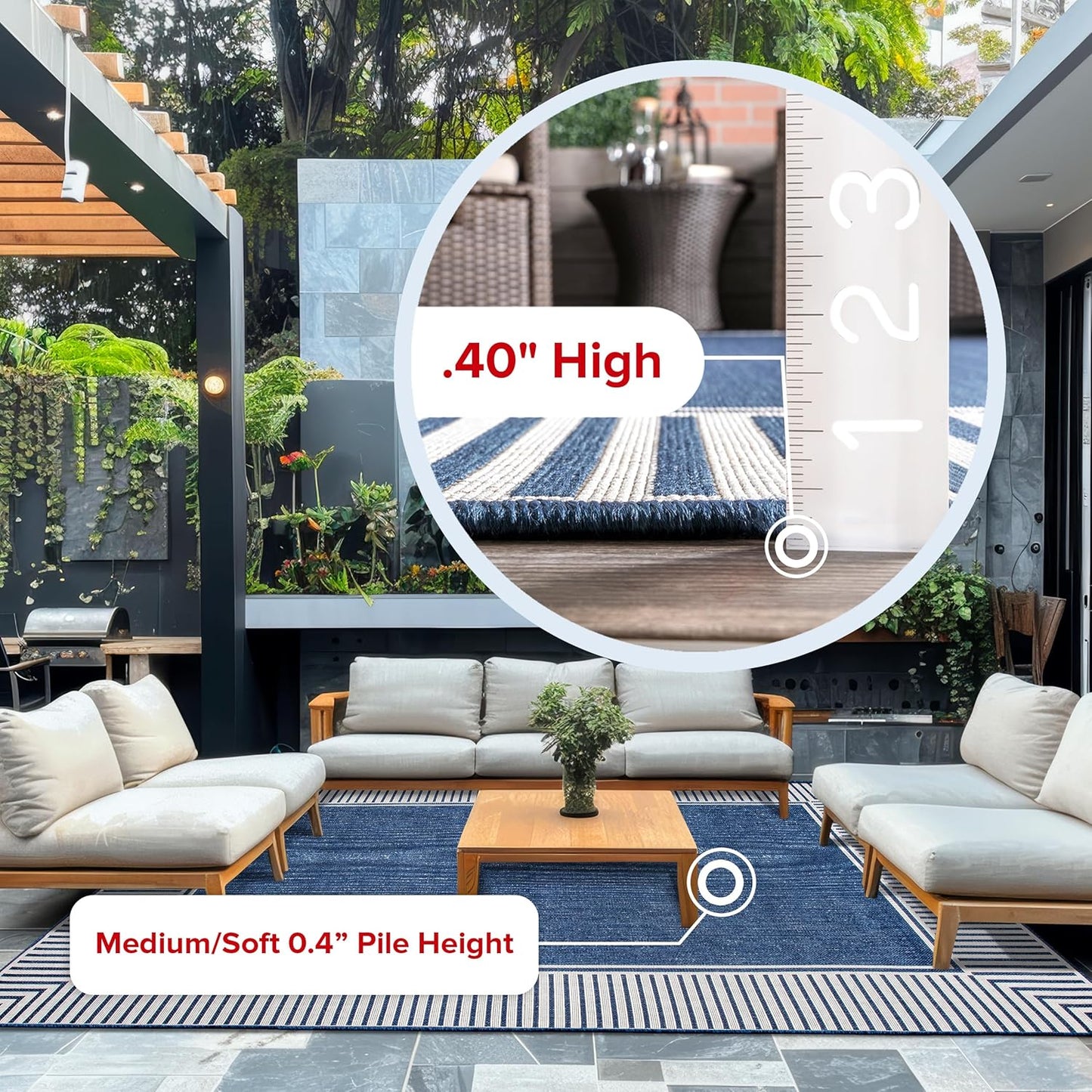 nuLOOM 6' 7" x 9' Outdoor Area Rug, Casual Design With Striped Border, Stain Resistant, Highly Durable, For Patio, Balcony, Bedroom, Living Room, Dining Room, Bathroom, Navy