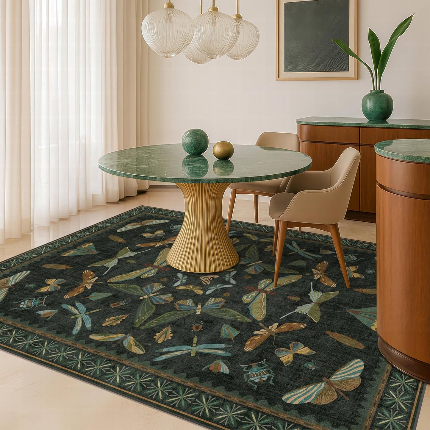 Green Area Rugs 5x7 for Living Room - Fairy Fantasy Moss Rugs for Dining Room Table, Bedroom, Whimsical Insect Boho Moth Décor, Washable Non Skid Soft Carpet