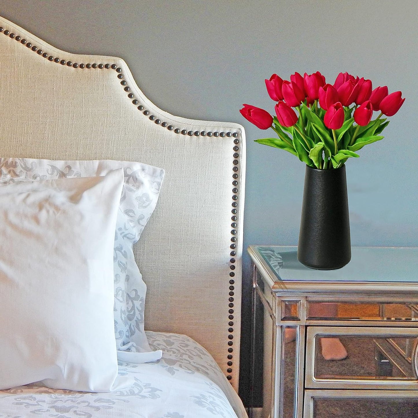 Mandy's Artificial Tulips 20 Stems Hot Pink PU Faux Flowers for Wedding Home Decor 13.5 Inch