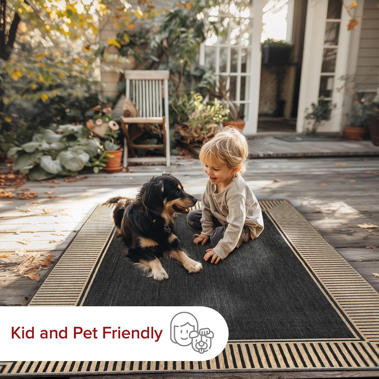 nuLOOM 9'6" x 12' Outdoor Area Rug, Casual Design With Striped Border, Stain Resistant, Highly Durable, For Patio, Balcony, Bedroom, Living Room, Dining Room, Bathroom, Dark Grey