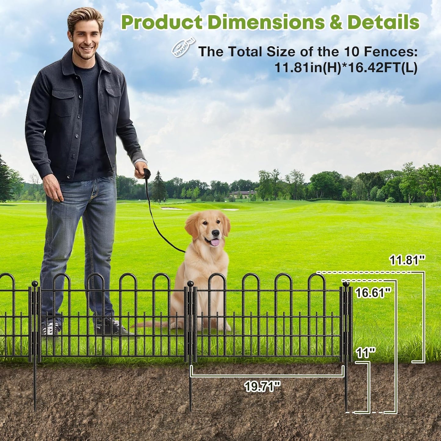 10 Panels Decorative Garden Fence with U-Shape, 11.81in (H) X 16.42ft (L) Dog Fence Outdoor for Yard Security, Garden Fencing Includes Deep Stakes