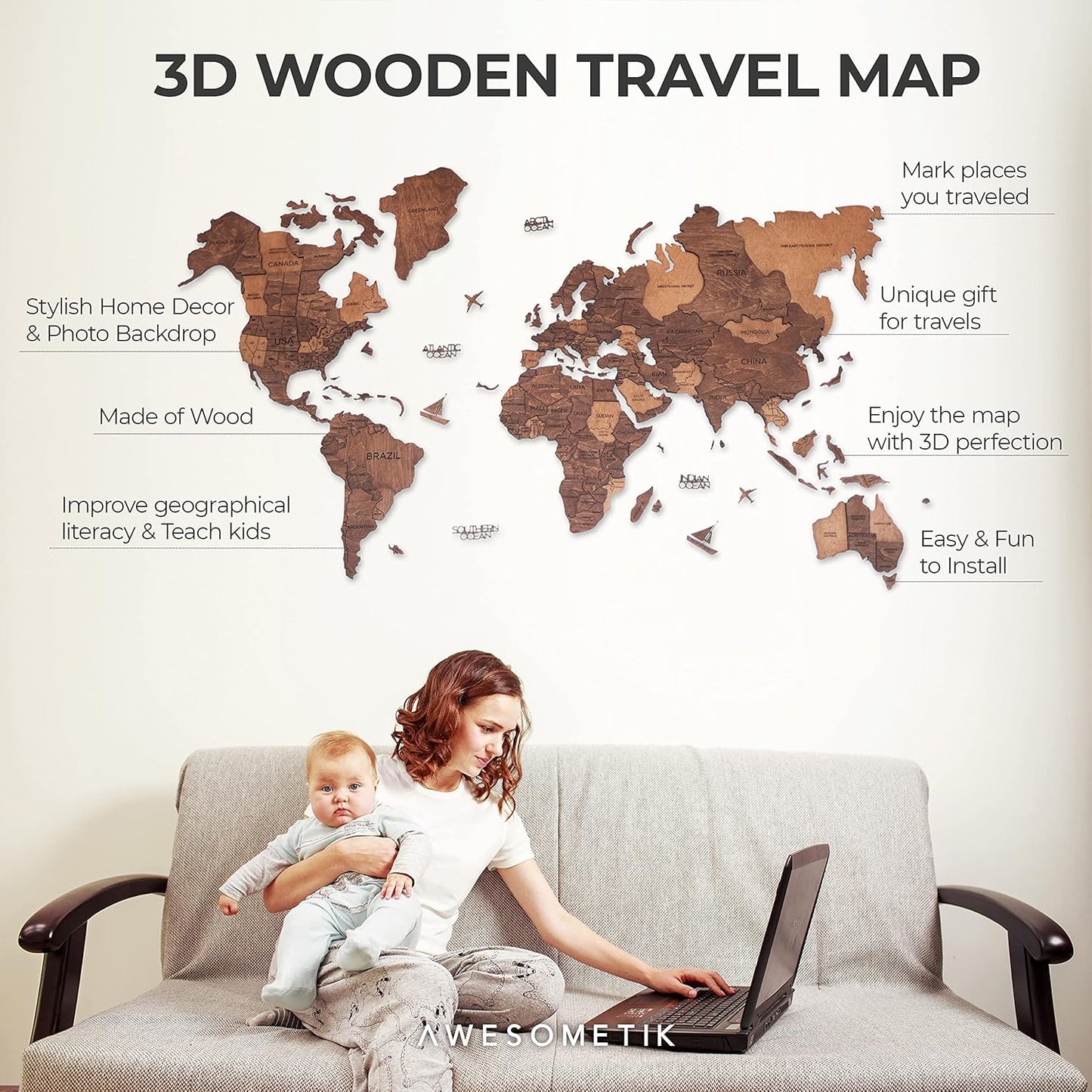 Handmade 3D Wood World Map Wall Art Large Wall Decor Track Your World Travels - Special For Home, Kitchen And Office (Large, Oak)