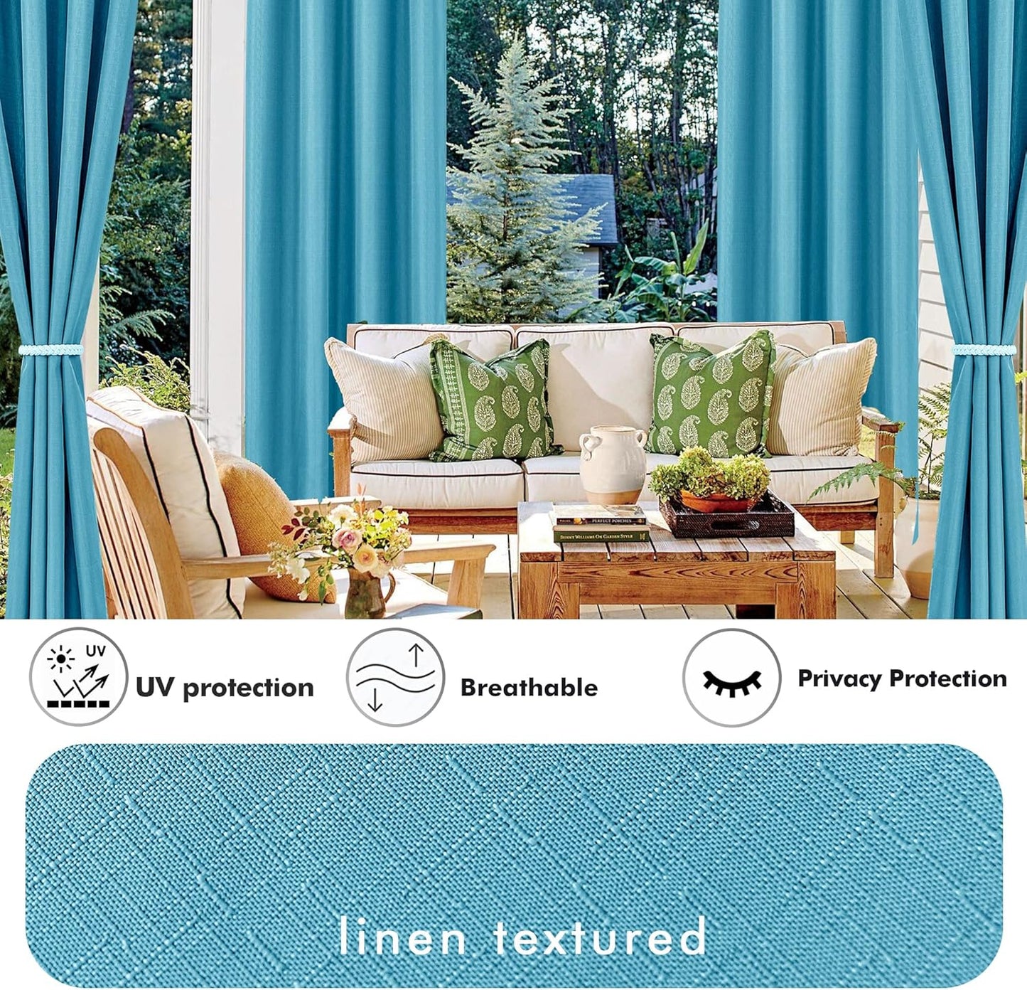 HolidayIdeas 4 Panels Faux Linen Outdoor Curtains for Patio Waterproof Teal Curtains 110" Wide x 84" Long-Outside Wide Curtains Weatherproof Privacy Textured for Pergola, Porch, Gazebo, Backyard