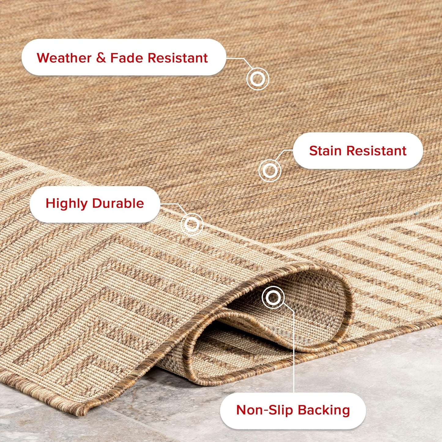 nuLOOM 2' x 3' Outdoor Area Rug, Casual Design With Striped Border, Stain Resistant, Highly Durable, For Patio, Balcony, Bedroom, Living Room, Dining Room, Bathroom, Light Brown