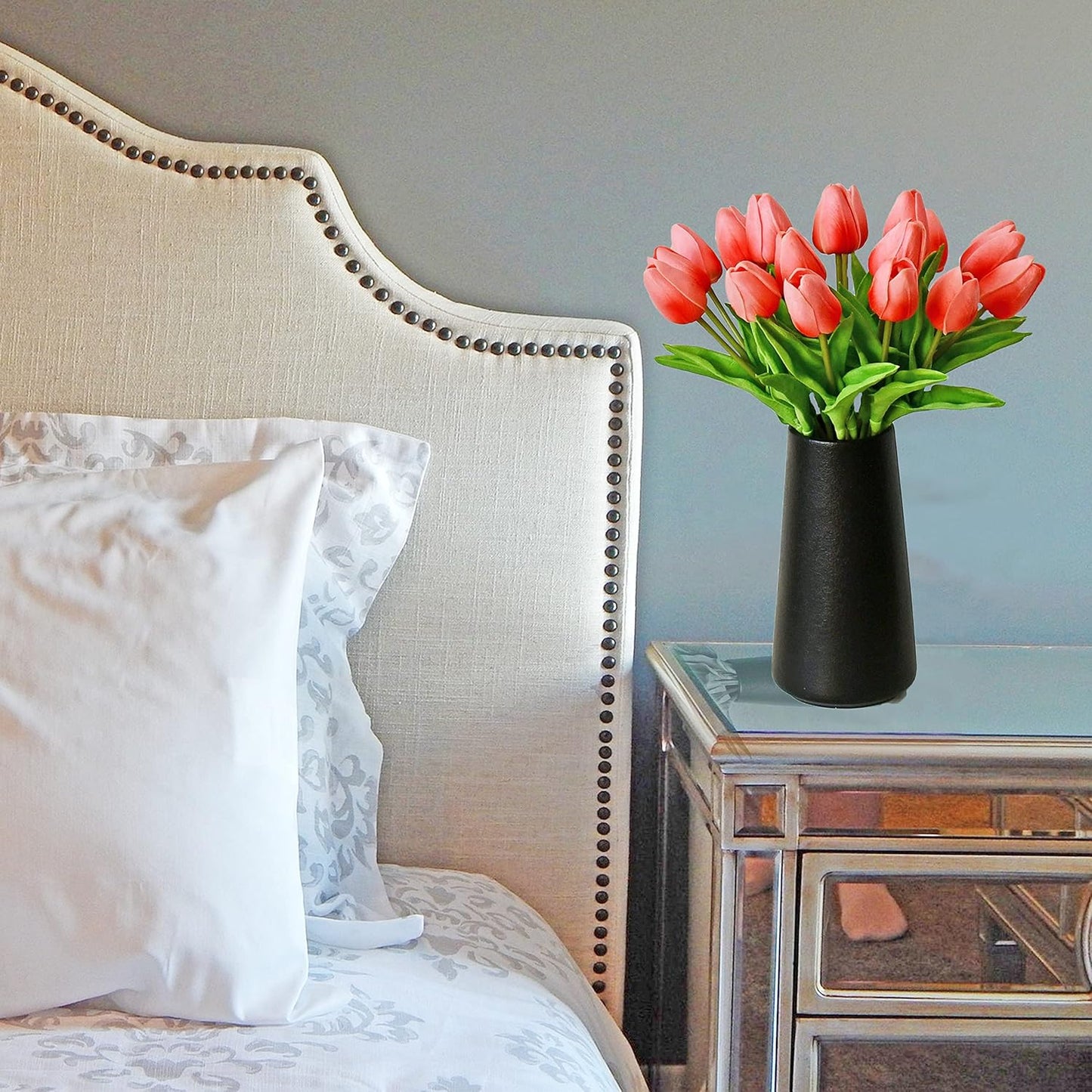 Mandy's Artificial Tulips 20 Stems Coral PU Faux Flowers for Wedding Home Decor 13.5 Inch