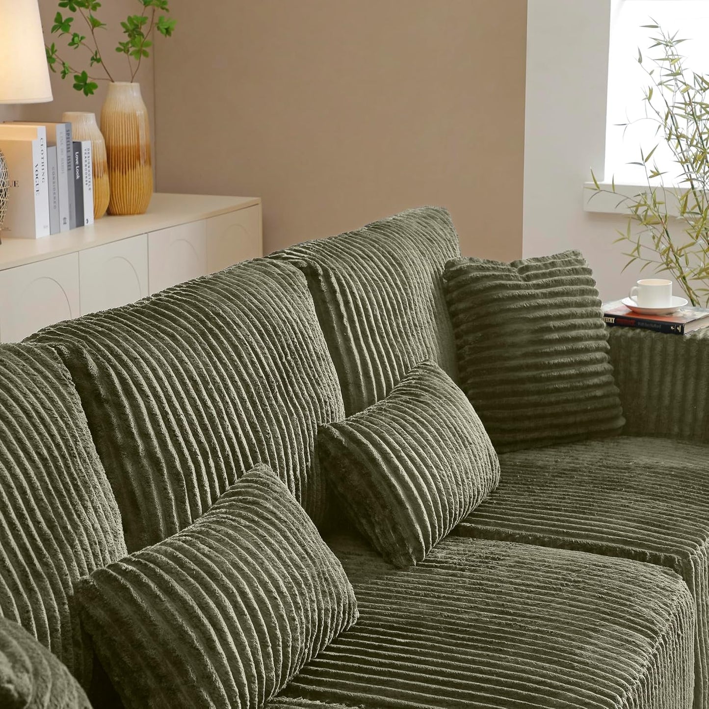 Modular Sectional Sofa Cloud Sectional Couch, 135" Comfy Fluffy L Shaped Olive Green Couches for Living Room, Deep Seat Memory Foam Plush Corduroy Boneless Couch Sectionals Left Facing Chaise Sofa