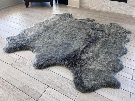 LAMBZY Faux Sheepskin Super Soft Hypoallergenic Free Shape Silky Shag Rug, Luxury Shaggy Silky Plush Carpet for Bedrooms Living Kids Room Sofa Rugs (Black with White Tips, Sexto 6 Pelts 6'x6')