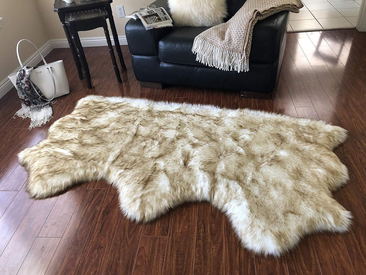 LAMBZY Faux Sheepskin Hypoallergenic Free Shape Silky Shag Rug, Luxury Shaggy Silky Plush Carpet for Bedrooms Rugs Living Sofa Floor (Triple Side by Side 3'x6', White with Brown Tips)