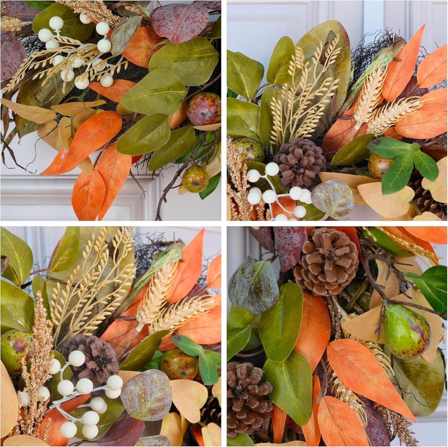 24" Fall Wreath for Front Door Handmade with Artificial Autumn Leaves, Natural Pinecones, Faux Berries and Wheat, Autumn Harvest Wreath Decoration for Home Farmhouse Door Wall Window Porch
