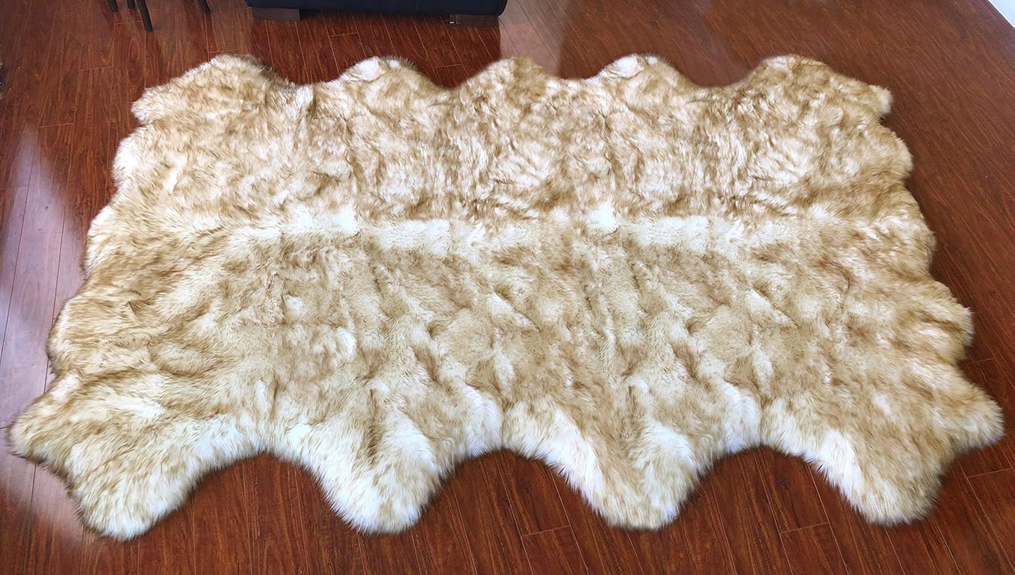 LAMBZY Faux Sheepskin Hypoallergenic Free Shape Silky Shag Rug, Luxury Shaggy Silky Plush Carpet for Bedrooms Rugs Living Rooms Sofa Floor Rugs (Octo 8 Pelts 6'x8', White/Brown Tips)