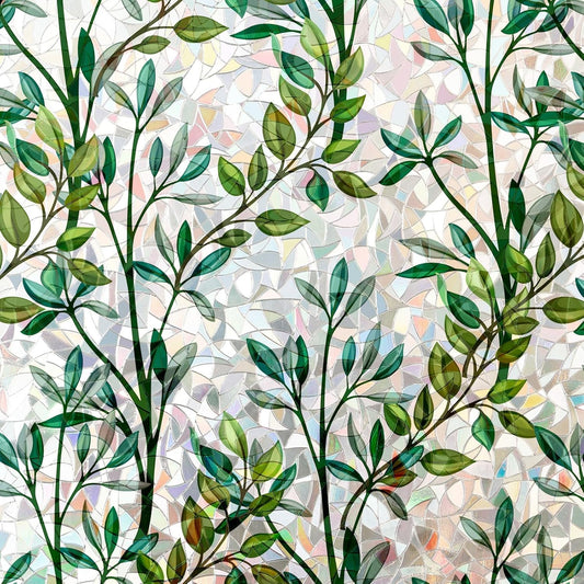 Rainbow Window Privacy Film 3D Leaf Decorative Stained Glass Window Film Anti UV Non-Adhesive Reusable 17.5" x 157.4" for Home Room Car Glass Cling